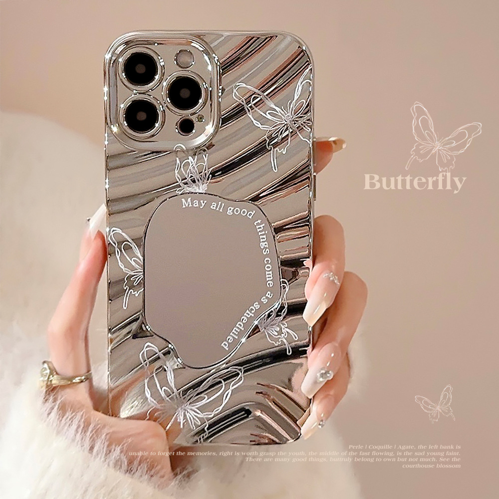 Luxury Plating Case - Lüks Gümüş Dalgalı Kaplama Makyaj Aynalı