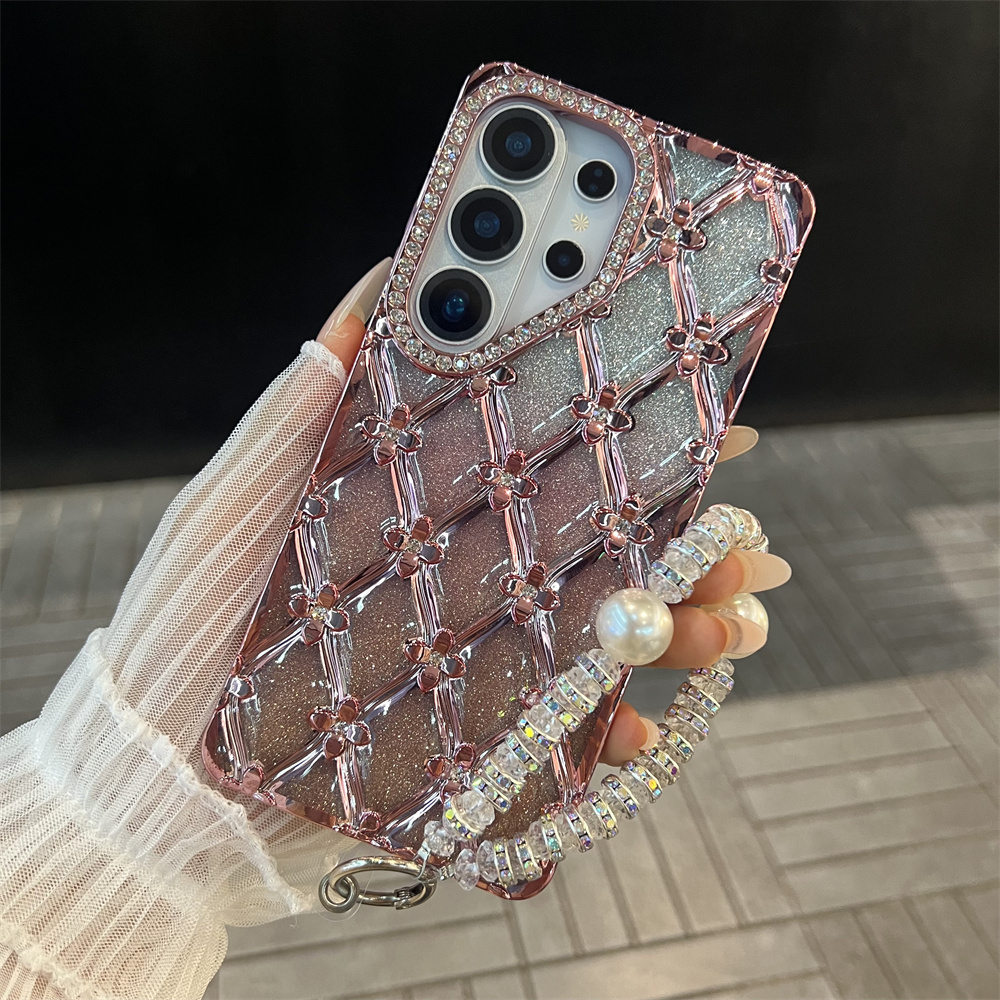 Luxury Plating Case - Lüks Kaplama Çiçekli Simli Rhinestone Bileklikli