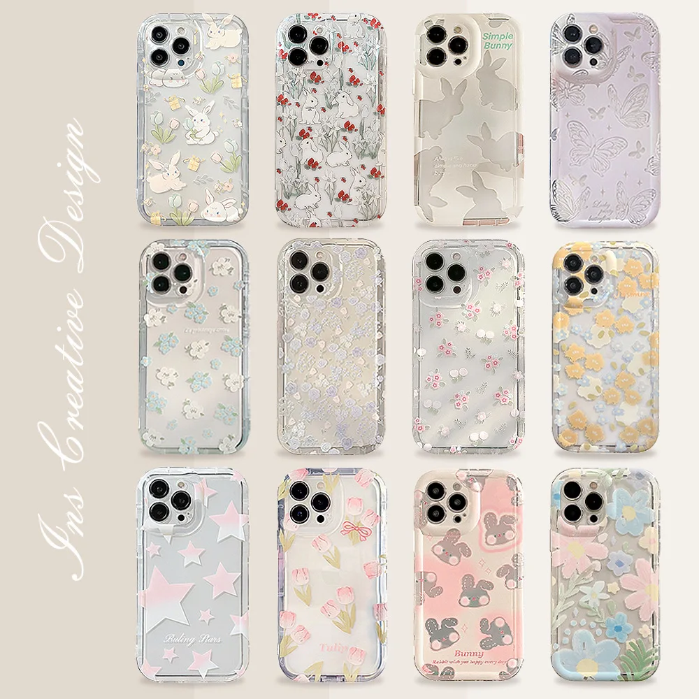 Phone Cases Cute Iphone 14 - Sevimli Karikatür Tavşan Çiçek Şeffaf Serisi